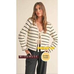 Miou Muse Striped Tie Front Organic Cotton Cardigan Cream Black Small